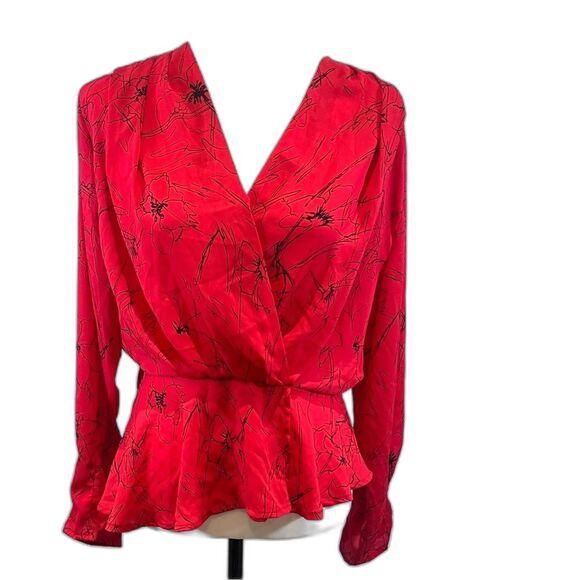 ASTR the label long sleeve red and black abstract print peplum top size large - Picture 1 of 6